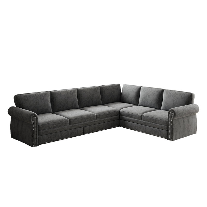 118" L-Shaped Sofa Couch With Pull-Out Bed,Oversize Convertible Sleeper Sofa With Nailhead Trim & Rolled Arm,Chenille Upholstered Sectional Couches, For Living Room, Apartment, Office,Light Grey
