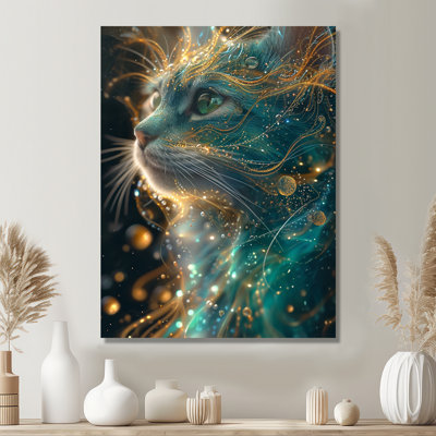 Astral Purr Turquoise Galactic Cat - Art mural chat