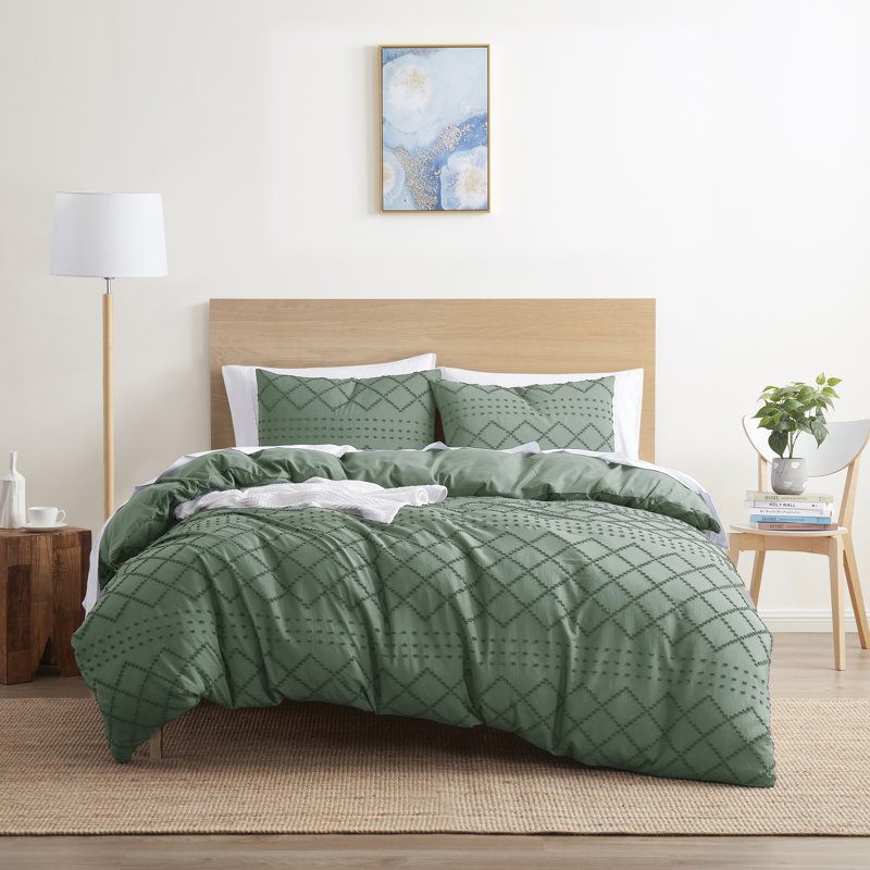 Modern Boho Duvet Cover Set, Green, Twin Duvet Cover + 1 Standard Sham