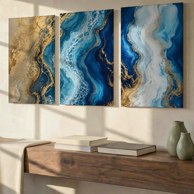 3 pièces de grand art mural abstrait bleu marine, blanc et doré, géode en résine, décor de toile pour le salon, la chambre à coucher et le bureau