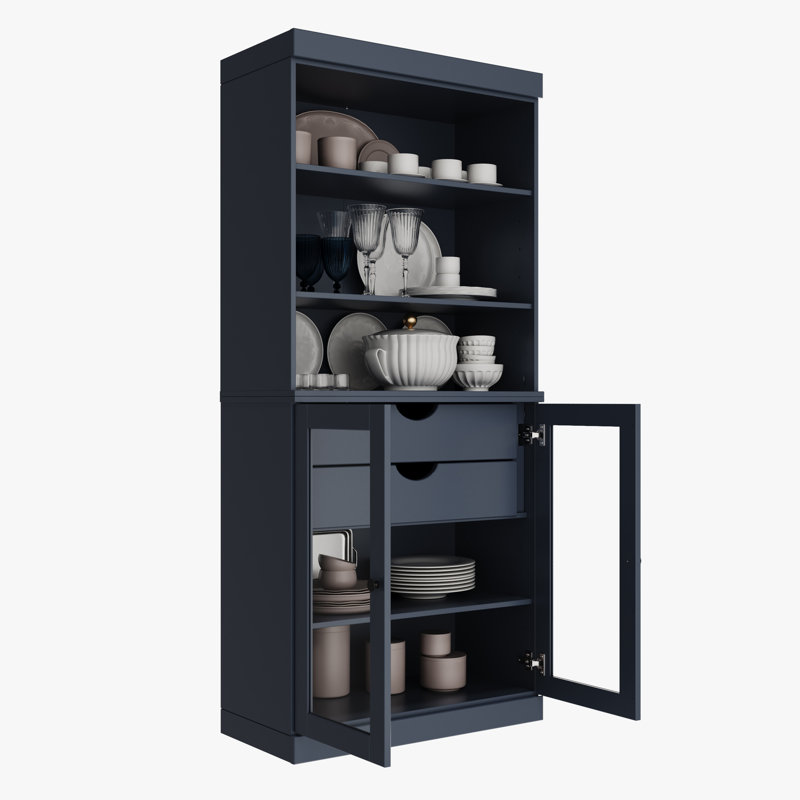 Garde-manger 100% bois massif Kaniesha 32 po avec portes en verre transparent, 2 tiroirs et tablettes réglables, Bleu antique