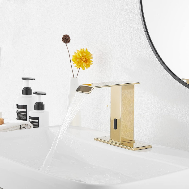 Auto-P-3007-Gold Automatic Sensor Polished Gold Touchless Bathroom Sink Faucet With Drain Assembly, Polished Gold