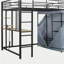 Lit mezzanine double avec structure en métal, équipé d'une table, d'une tablette, d'une prise de courant, de lumières DEL et d'une armoire-964111889
