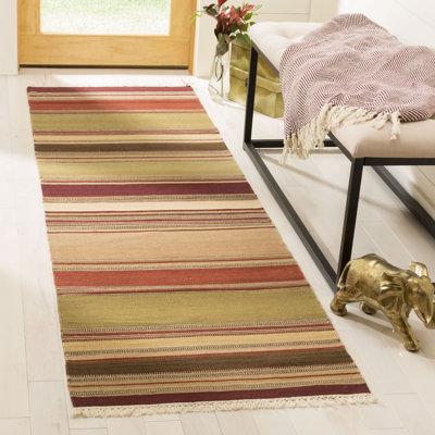 Basler Kilim Hand Woven Wool/Cotton Striped Rug in Brown/Green/Beige