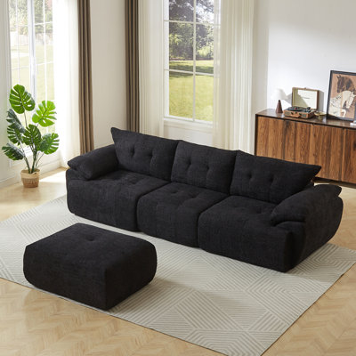 [video]115'' Large Modern 3-Seater Sofa,Chenille Sofa,Upholstered Backrest,Curved Horn Backrest,Living Room, Bedroom, Apartment, Office,BLACK