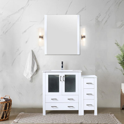42 po Meuble-lavabo en blanc - Couvercle en bois massif et armoire latérale à charnières à fermeture en douceur et élégance avec fonctionnalité