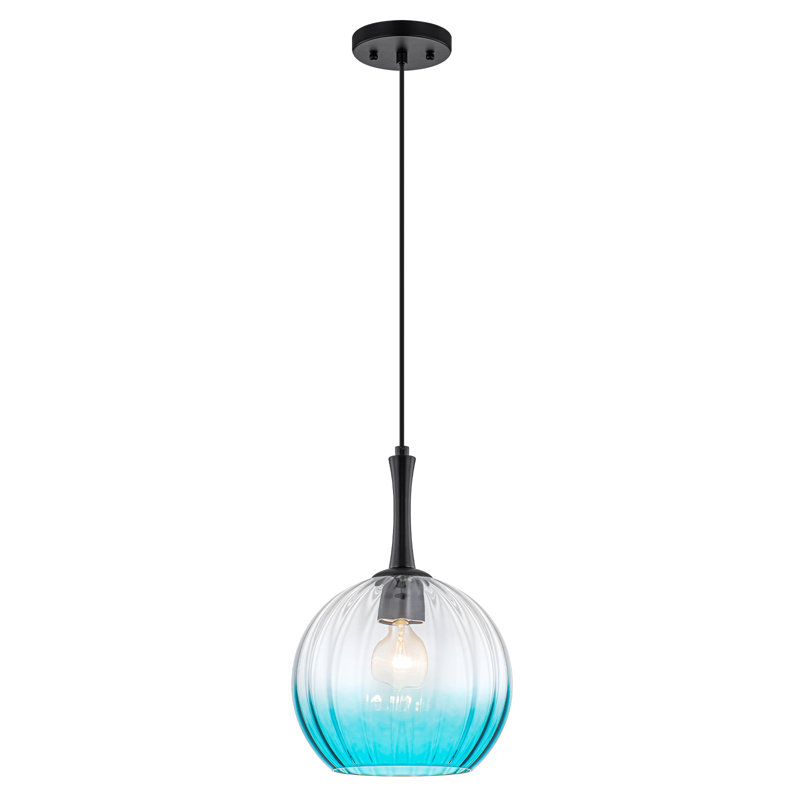 Suspension globe en verre côtelé bleu ombré, luminaire suspendu moderne noir mat à 1 lumière pour îlot de cuisine et salle à manger