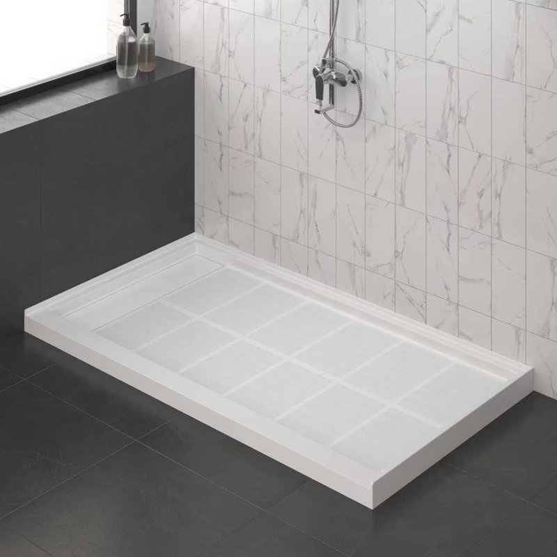 60" X 32" Solid Surface Shower Pan, Left-Sided Drain, Single Threshold Base With Drain Assembly & Cover