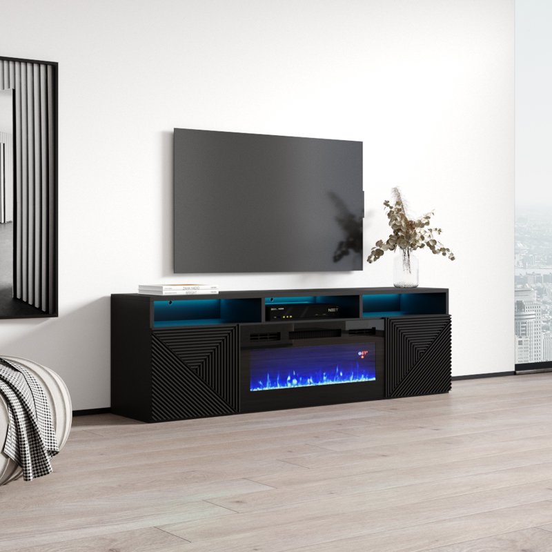 Aiyahna 63" Modern TV Stand with Electric Fireplace, High Gloss Finish, Wall-Mounted, Black