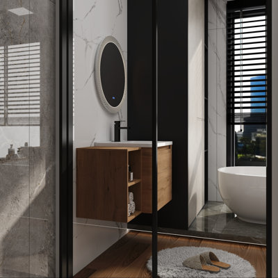 Meuble-lavabo mural avec lavabo en céramique blanche, tablette et porte à fermeture en douceur