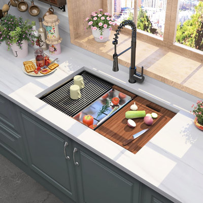32 Inch Gunmetal Black Undermount Workstation Kitchen Sink, 16 Gauge Stainless Steel, 10 Deep, With Track And Ledge For Multi - Purpose, Fast Drainage Switchable Separate Sink Mode, X Shaped