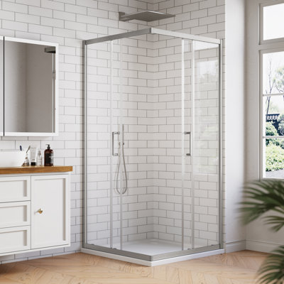 36 In. W X 72 In. H Square Double Sliding Framed Corner Shower Enclosure In Brushed Nickel With 1/4 In. Clear Glass