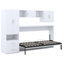 Lit escamotable blanc simple avec tablettes ouvertes, tiroirs de rangement, armoire encastrée et table