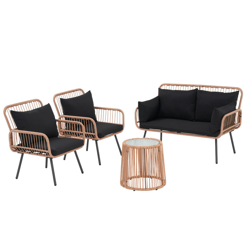 Ensemble de conversation d'extérieur avec coussins 4 pièces, Noir, noir, noir, noir