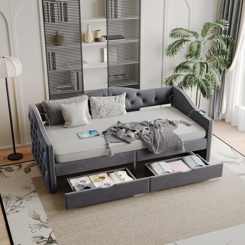 Structure de lit double pleine grandeur, structure de lit tapissier avec tête de lit, 2 tiroirs de rangement et 2 chargeurs USB, pieds et lattes en bois massif, aucun sommier nécessaire, lit double gris