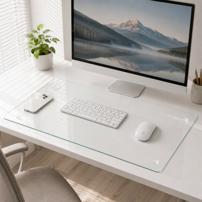 Clear Tempered Glass Desk Pad To Protect Desk,Clear Office Desk Pad For Keyboard And Computer Monitor,Glass Desk Mat For Desktop Dry Erase,20 X 32 Inch"