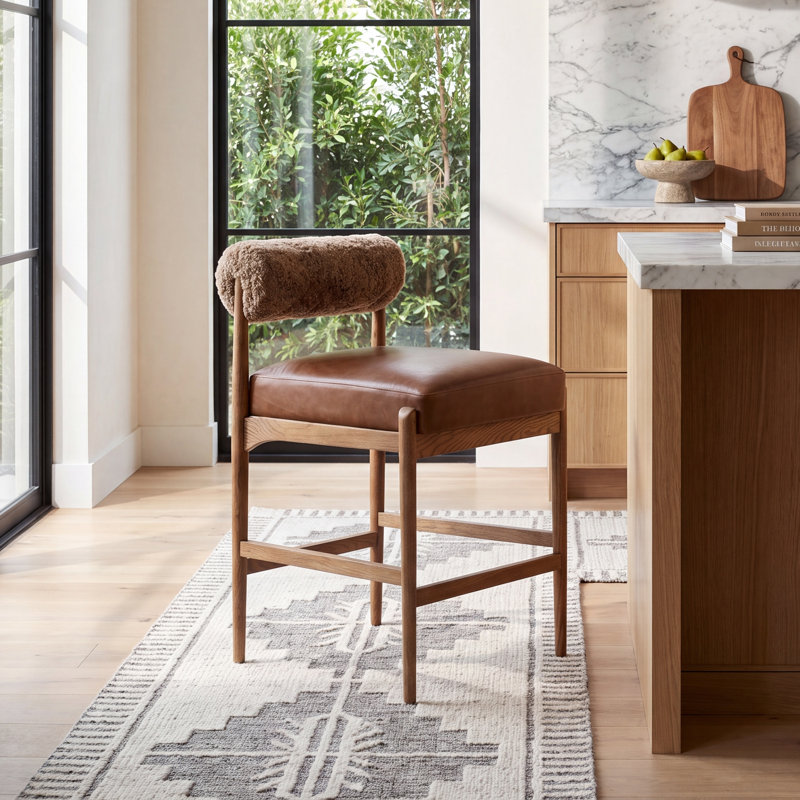Kalista Upholstered Stool with Solid Wood Frame, Havana Brown Teddy Fabric, Counter Stool (27" Seat Height)