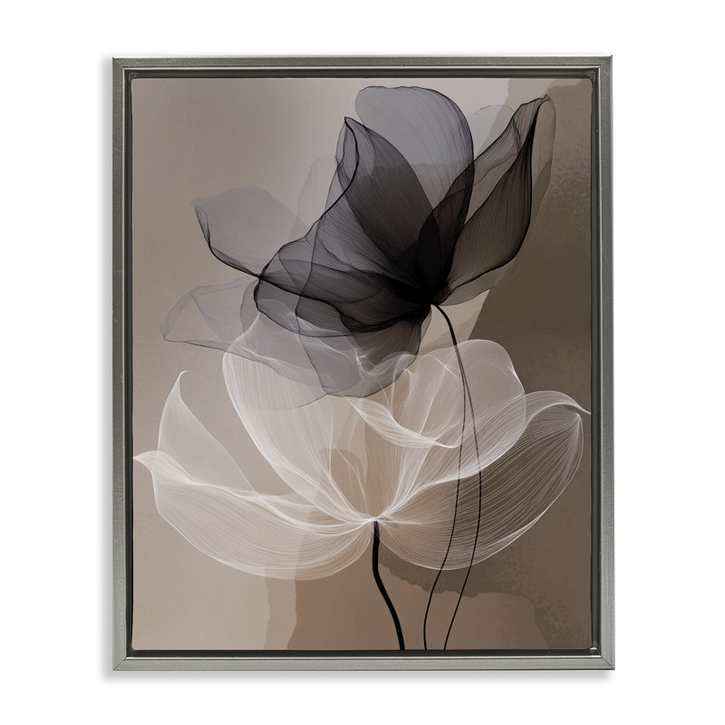 «Gauzy Flowers on Brown Gold», art par Annabelle Hall, H 31 po x l 25 po, Cadre flottant gris lustré