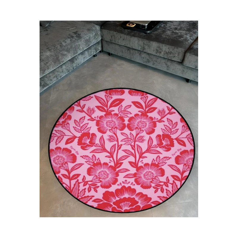 Pink Themed Floral Patterned Round Woven Base Modern Decorative Carpet, Round 5'