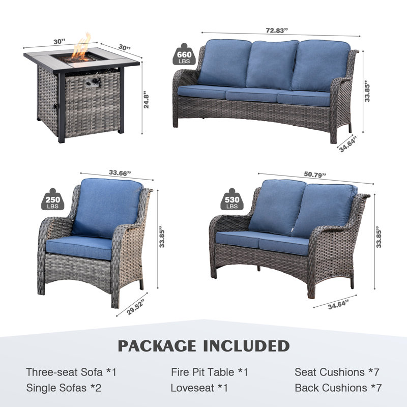 Klodjana Premium All-Weather Wicker 7 - Person Patio Conversation Set with Cushions, Denim Blue, Gray