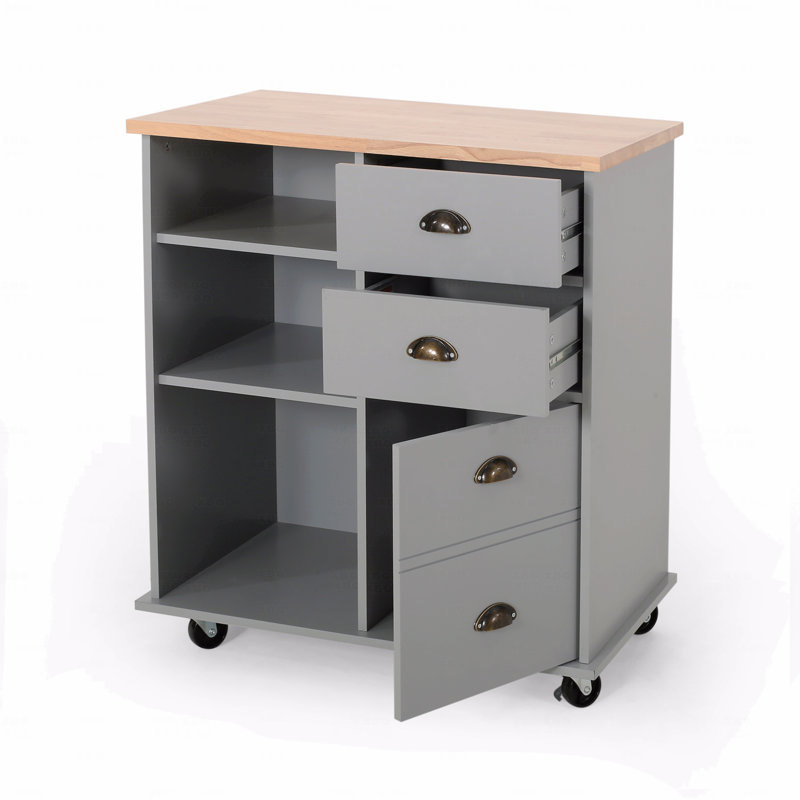 31.5” Kitchen Island Cart on Wheels – Rubberwood Top, 2 Drawers + 3 Shelves + Cabinet (Gray), Gray