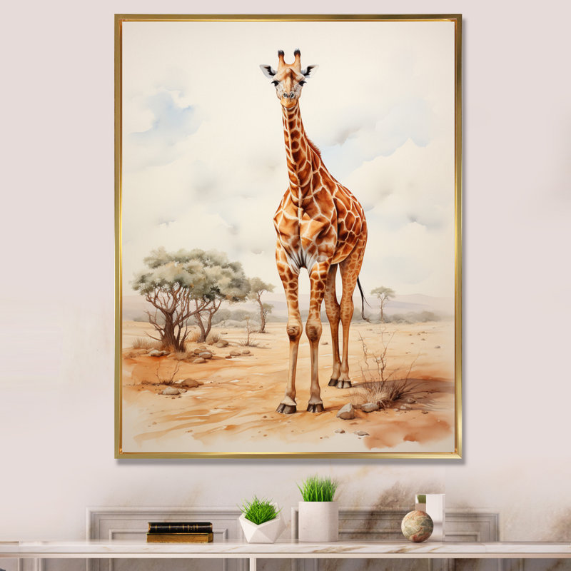Girafe brune brune et brune sur toile, H 32 po x l 16 po x P 1 po, Cadre flottant doré