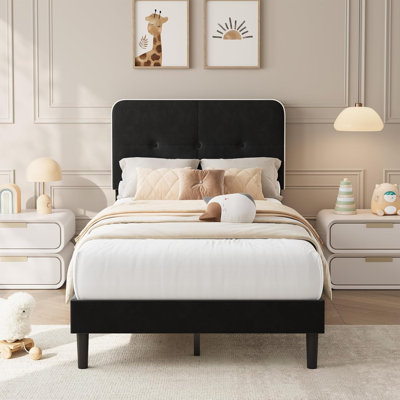 Structure de lit simple en velours, base de lit tapissier avec tête de lit réglable, éponge EVA anti-bruit, aucun sommier requis, support en métal robuste, assemblage facile, garniture noire et blanche