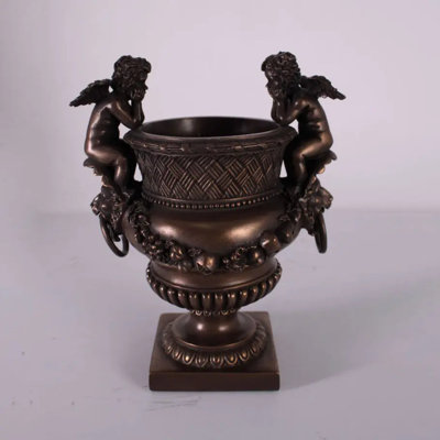 Small Bronze Angels and Lion Urn Statue