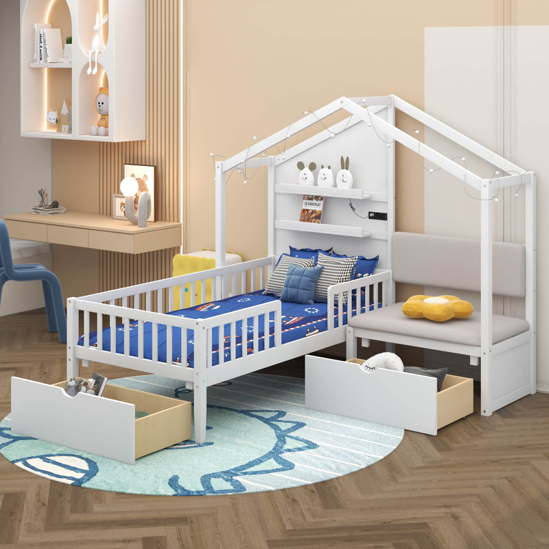 Hildemarie Twin Size House Bed with Upholstered Sofa, White