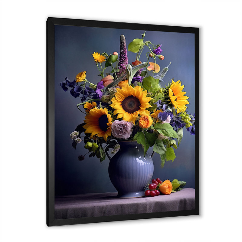 Nature morte avec des tournesols dans un vase I - impression, H 20 po x l 12 po x P 1 po, Cadre simple noir