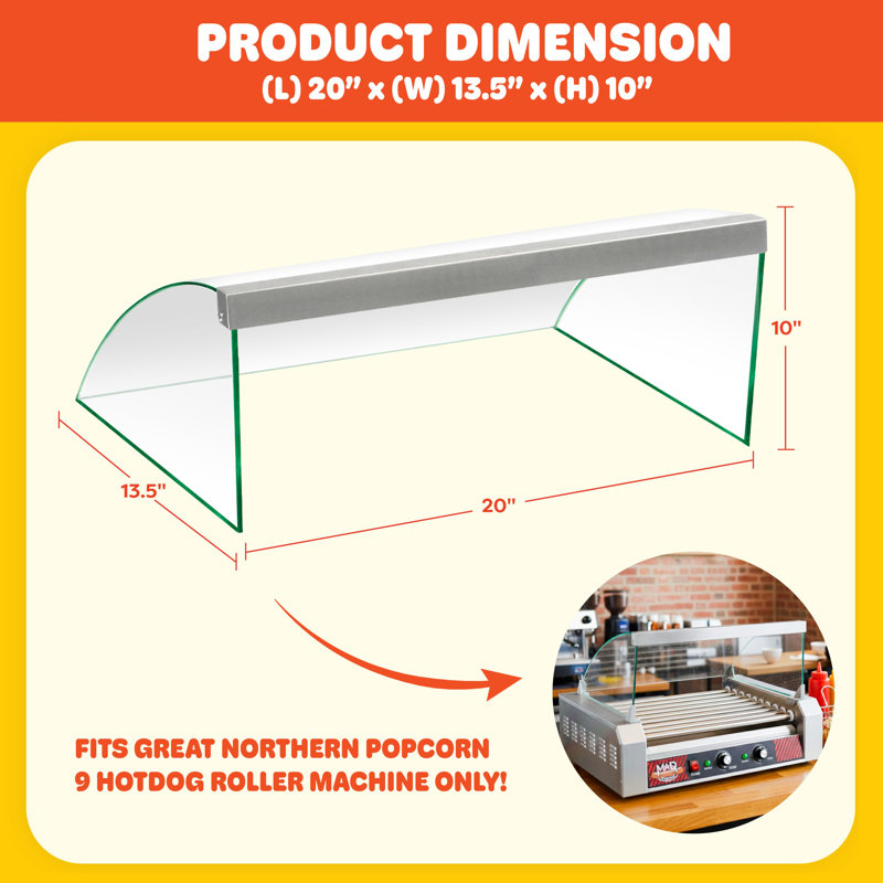 Couvercle pour machine à hot-dogs en verre trempé à 9 rouleaux Great Northern Popcorn, H 4,25 po x L 21 po x P 18,5 po