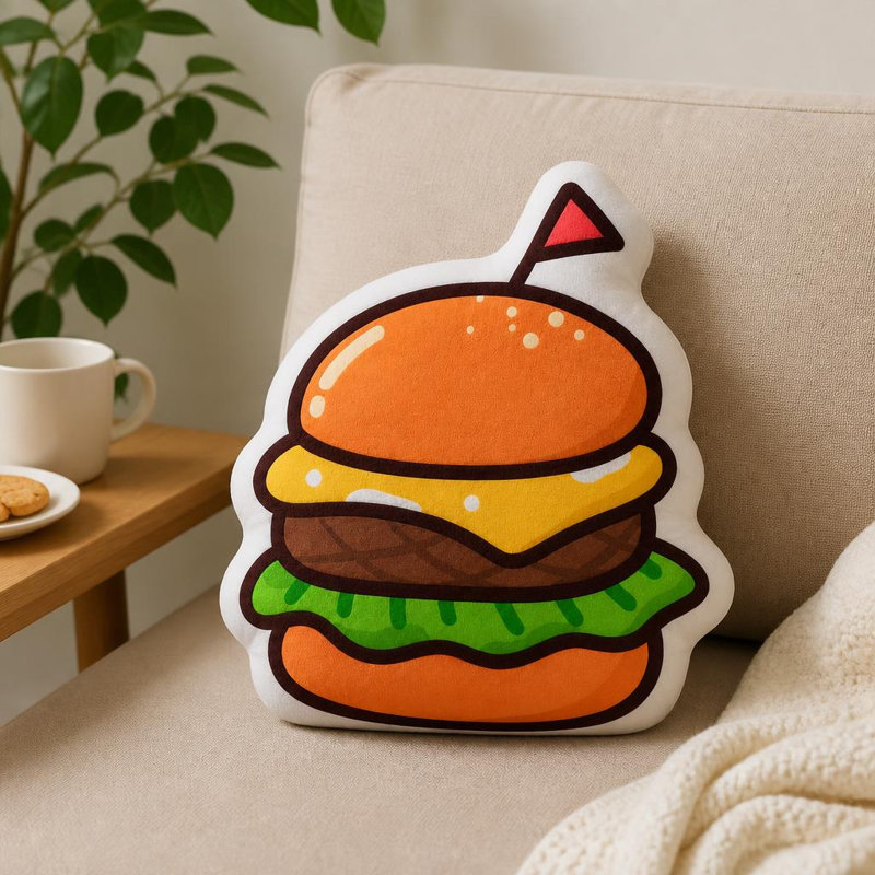 1pc Beef Burger with Tiny Flag Bold Outline Cartoon Graphic 2D Flat Printing Shaped Stuffed Throw Pillow Decorative Cushion Pillow for Gift Bedroom Sofa Room Party Decor, 2D Flat, 21.65inch