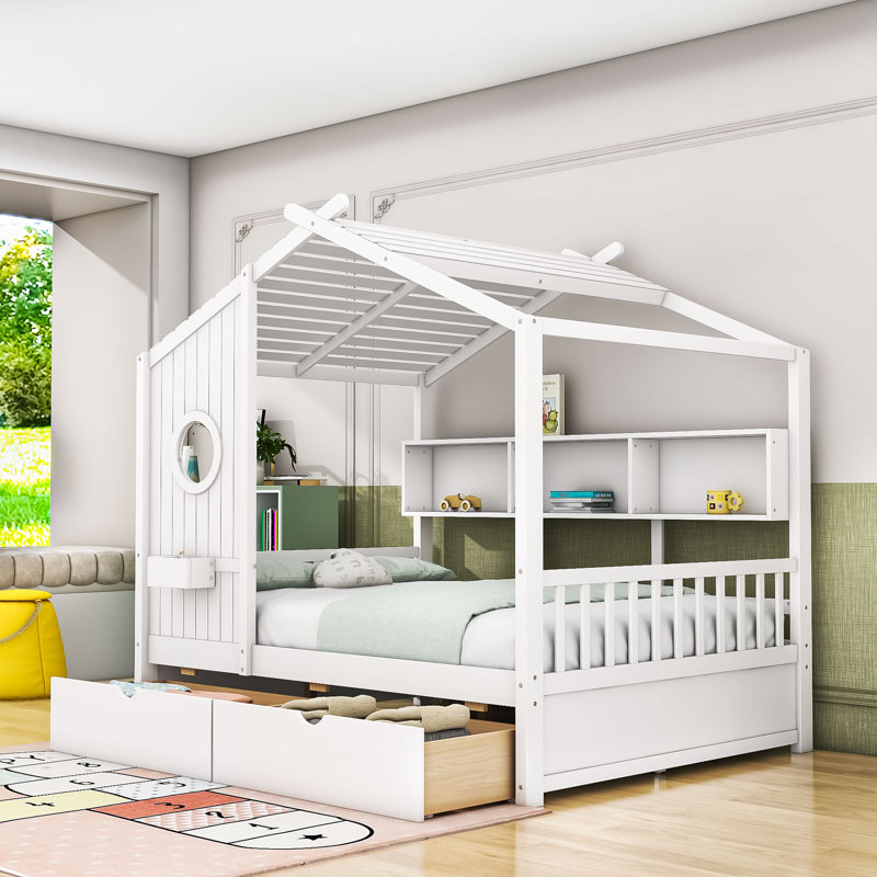 Lit en bois avec tiroirs et tablettes, Double