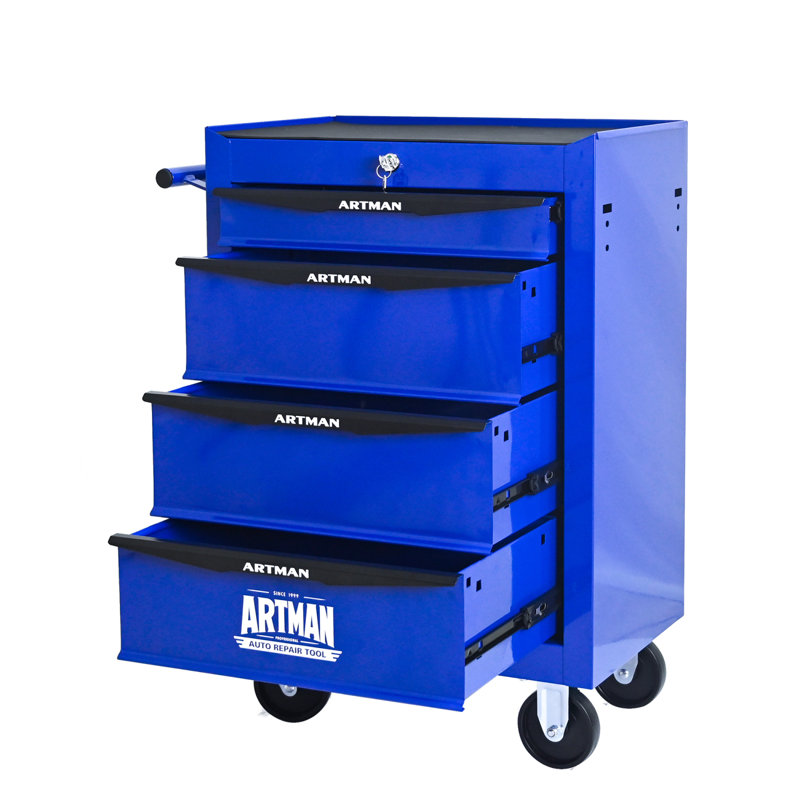 Coffre à outils roulant en métal avec 4 tiroirs et glissières à roulement à billes, organisateur en acier, Bleu / Noir