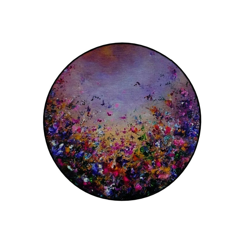 Multicolored Abstract Flowers Patterned Round Woven Base Modern Decorative Carpet, Round 4'