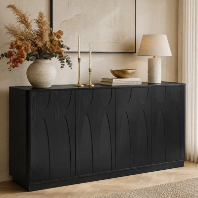 Alvayero 64" 4-Door Sideboard Buffet Cabinet with Adjustable Shelves, Mid-Century Modern Storage Credenza for Living Room or Kitchen, Black