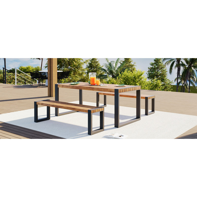 Table de salle à manger d'extérieur 3 pièces avec 2 bancs avec une texture de plateau unique, un plateau en bois d'acacia et une structure en acier, résistante aux intempéries, pour l'extérieur et l'intérieur