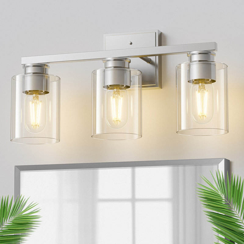 18 po Éclairage pour salle de bain 3 lumières avec abat-jour en verre transparent pour salle de bain, Nickel brossé, 3