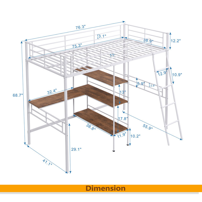 Lit mezzanine simple en métal avec bureau intégré et tablettes