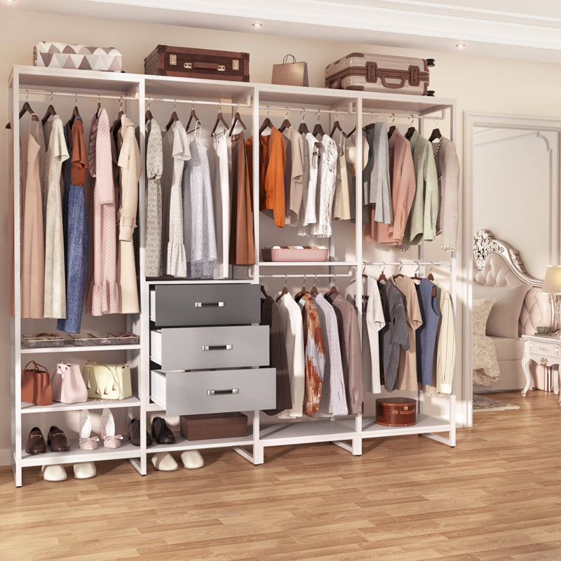 Shande 74'' Closet System with Drawers, White/Grey