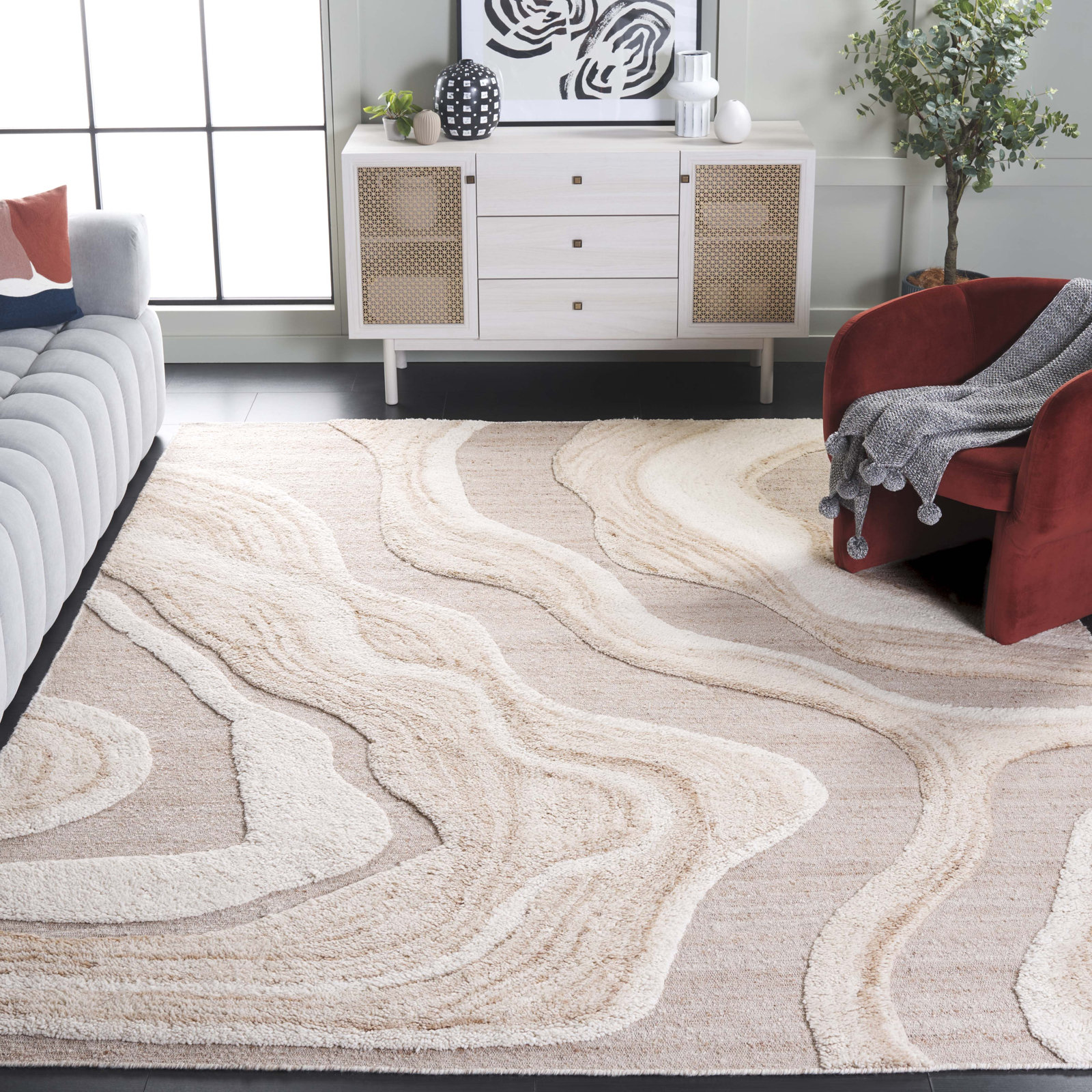 Lyonel Ivory Brown Abstract Rug, Rectangle 8' x 10'