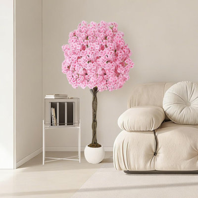 Cerisier artificiel 6 pi avec fleurs en soie rose et tronc de bois naturel, faux arbre réaliste dans un pot décoratif