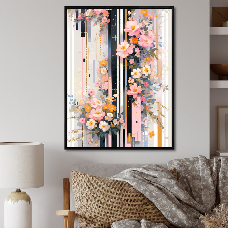 Fleurs de cerisier rose moderne - Bold Stripes III - Assortiment de bouquets d'art mural, H 40 po x l 30 po x P 1,5 po