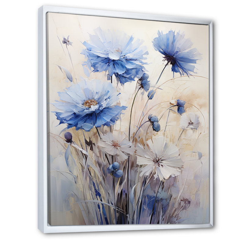 «Minimal Beige and Blue Cornflowers Expression III», reproduction sur toile, Cadre flottant blanc
