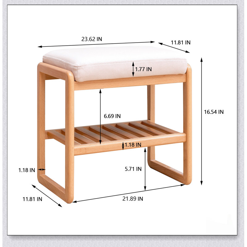 Banc à chaussures en bois massif naturel avec coussin éponge à rebond élevé, idéal pour le rangement dans l'entrée et les sièges confortables.
