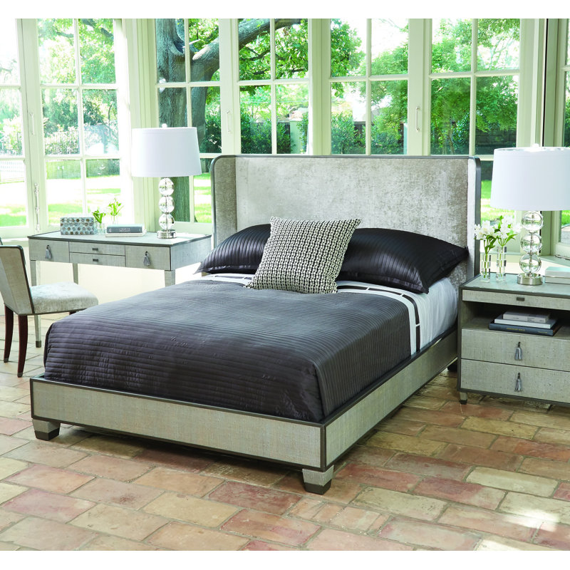 Pewter Velvet Upholstered Queen Bed with Winged Headboard