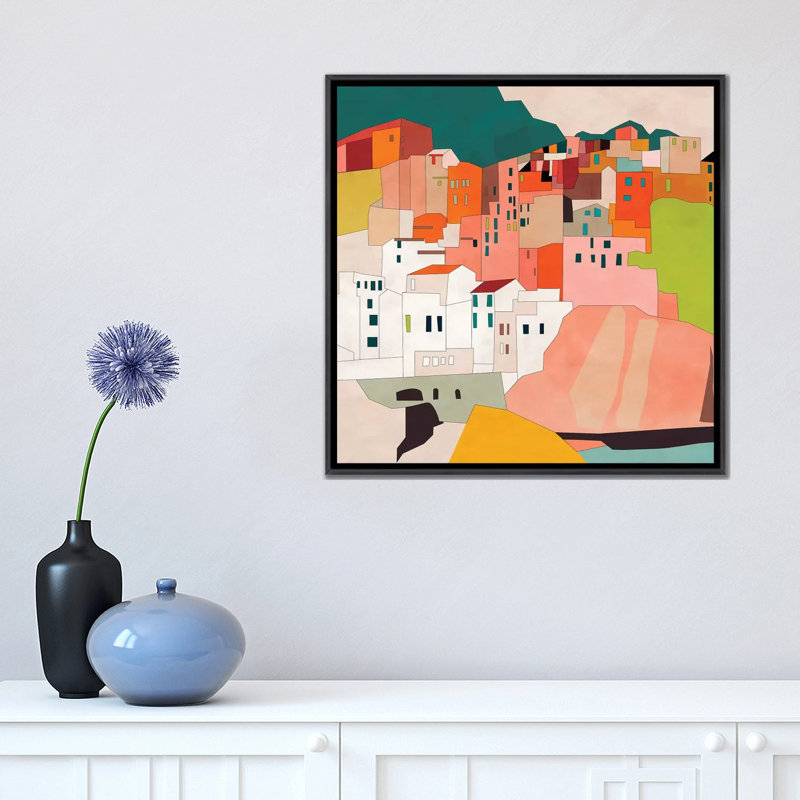 «Cinque Terre» par Ana Rut Bré - impression d'art graphique, Toile avec cadre noir patiné, Aucun mat