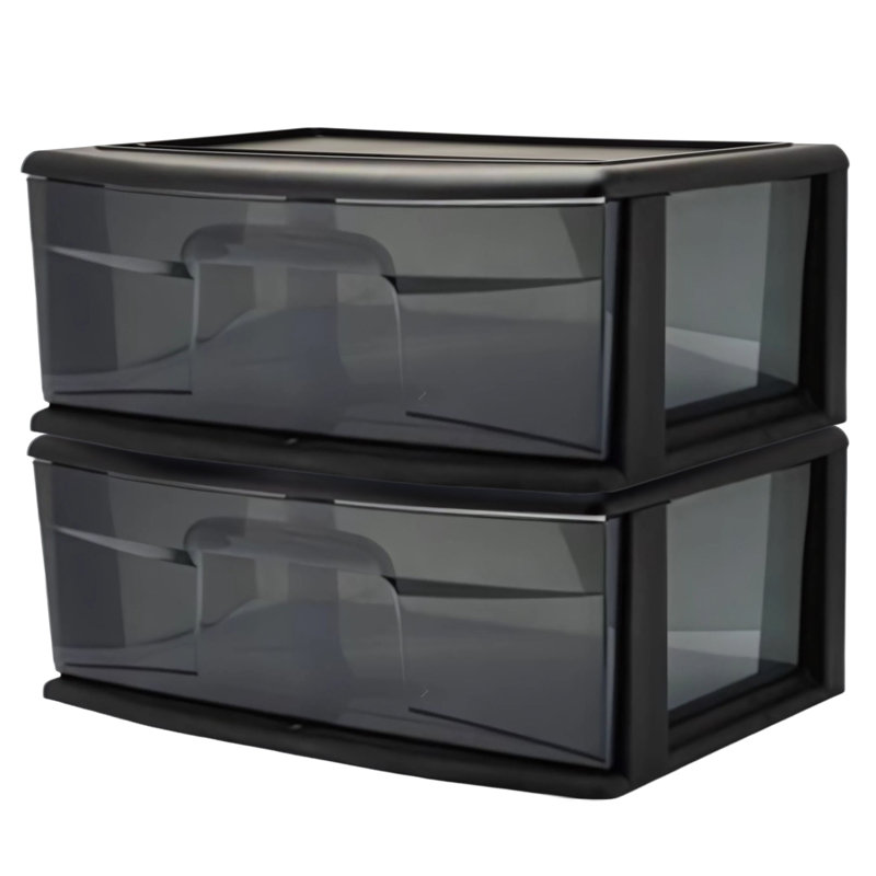 Homz Plastic 1 Drawer Wide Storage Cart, Black Frame with Smoke Drawer, 2 Pack, Wide Body, Black frame with smoke tint drawer