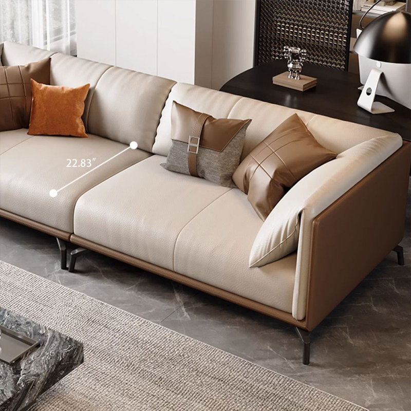 Khaki Genuine Leather Modular Sofa cushion couch, Brown/Khaki, 3, 28.35" H x 102.36" W x 37.01" D