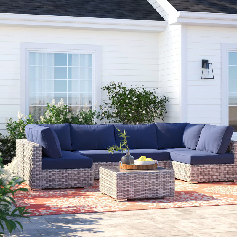 Estes Wicker Fully Assembled 6 - Person Seating Group with Sunbrella Cushions, Canvas Navy Sunbrella® Canvas